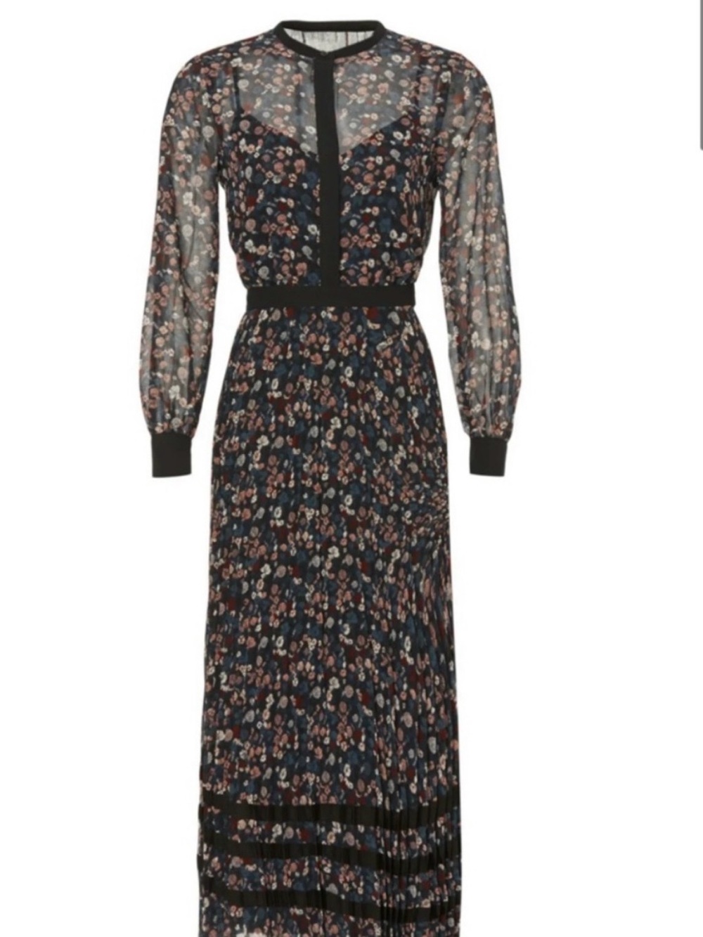Club Monaco Black Floral Print Sheer-Sleeve Maxi Dress